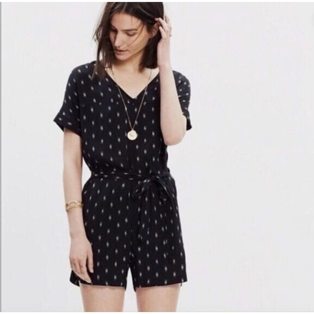 Madewell Perimeter Romper Black White Diamond Geometric Pattern Tie Waist SM